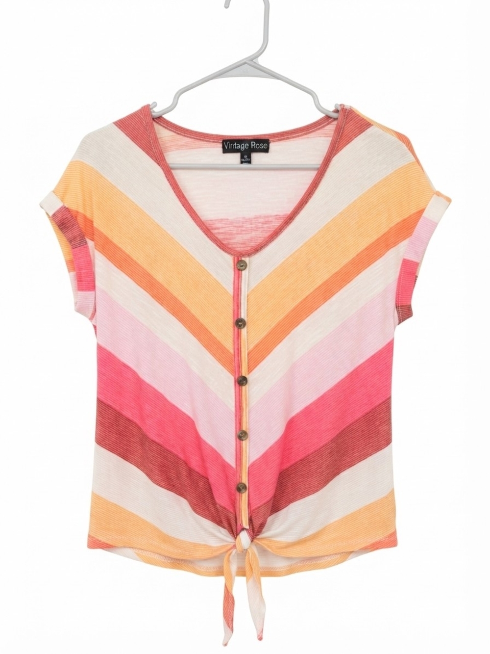 Vintage Rose Chevron Tie-Front V-Neck Top - Pink & Orange Boho Sunset Stripes - Picture 1 of 6